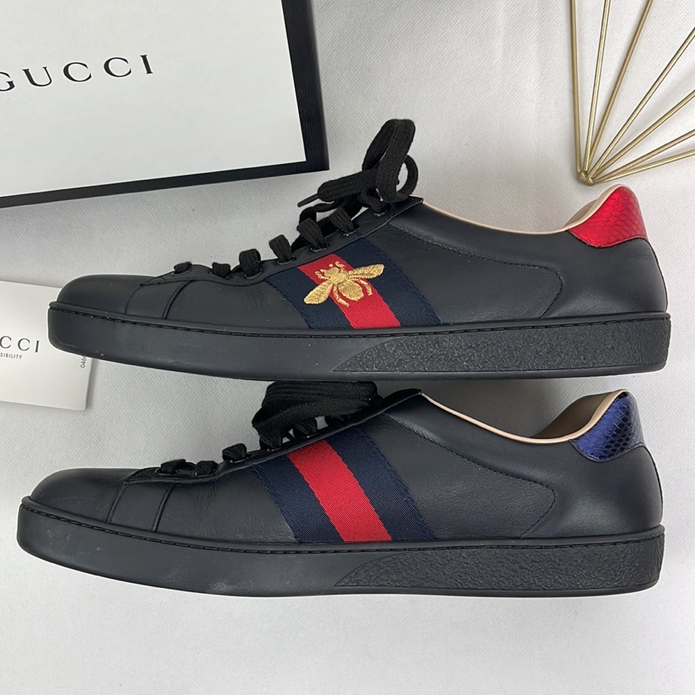 Gucci Mens Embroidered Ace Low Top Black Sneaker - Picture 6 of 11